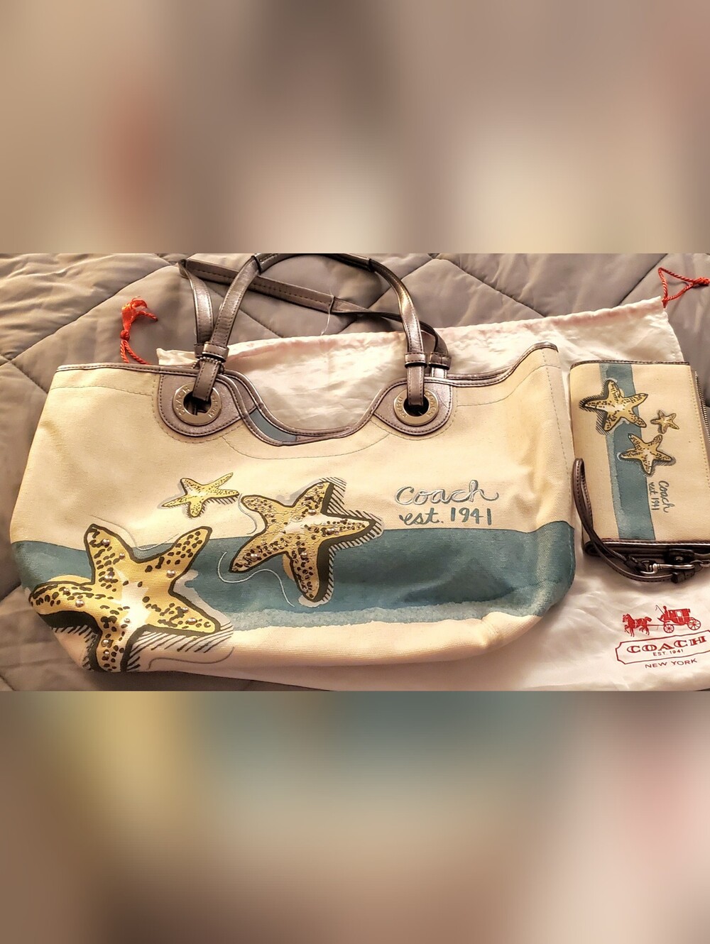 Coach Canvas Starfish Tote in Cream and Teal with Grey Trim And Matching Wrislet